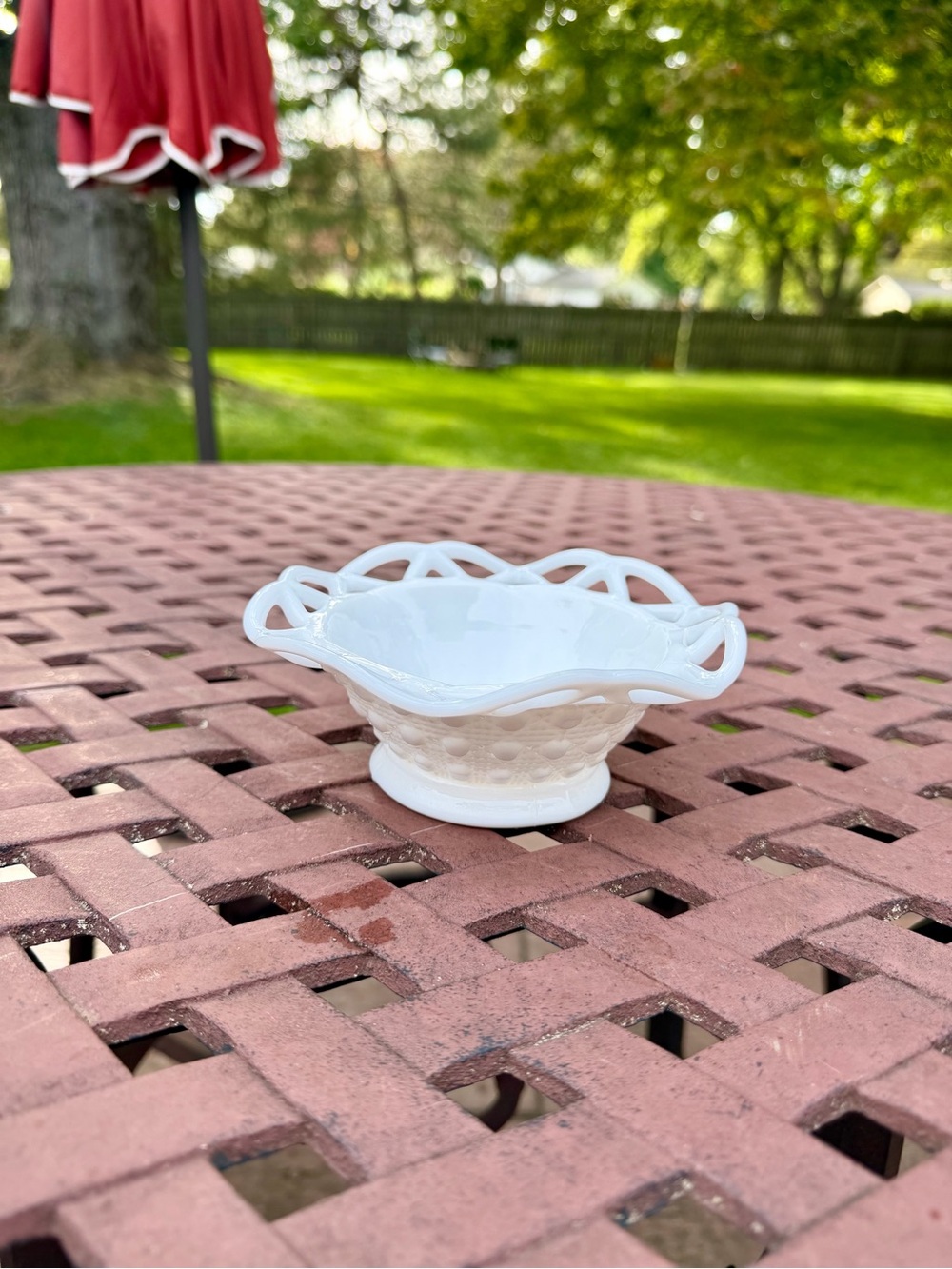 Vintage Milk Glass Open Lace Pedestal Bowl Grape Vine Compote